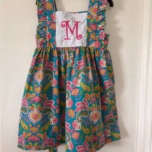 Girls Teal Floral Ruffle Pinafore Dress with Pink M Monogram